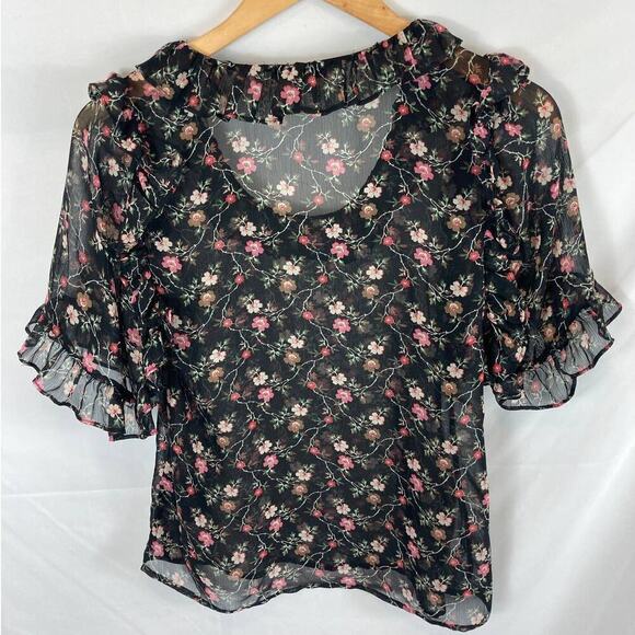 Topshop Black Floral Semi Sheer Blouse Size 4 - Picture 8 of 9